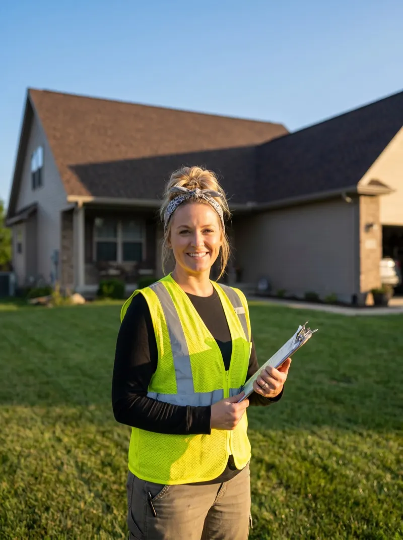 A roofing contractor with a clipboard standing in front of a finished residential roof.