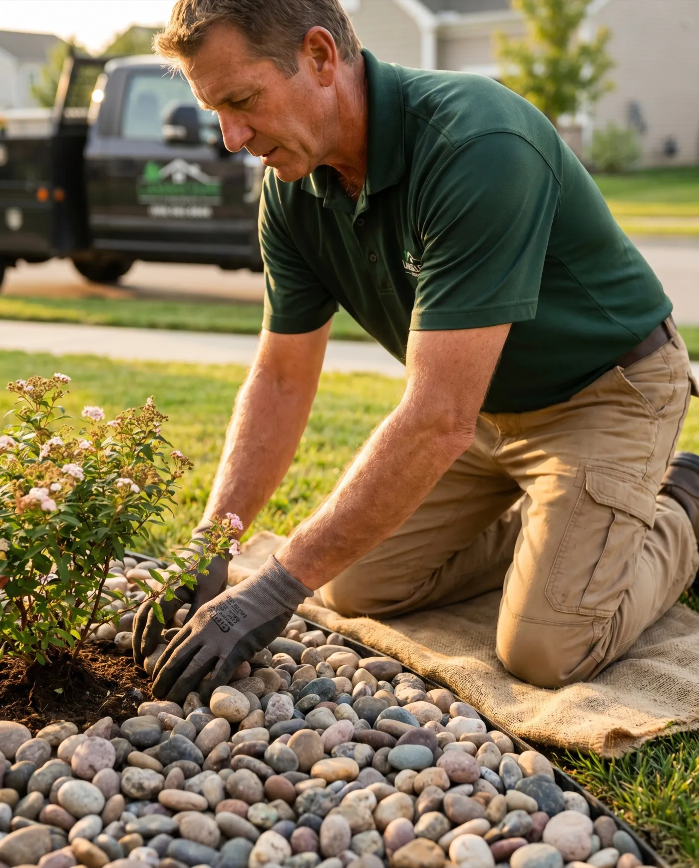 Landscape professional working in a residential yard