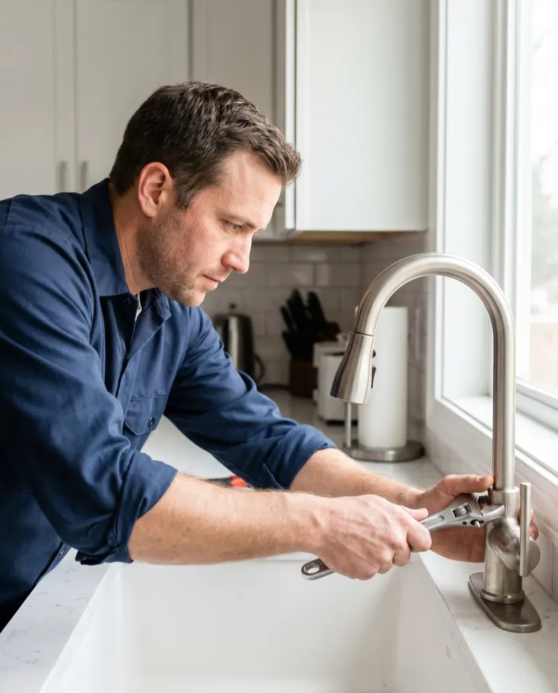 Plumber installing a kitchen faucet