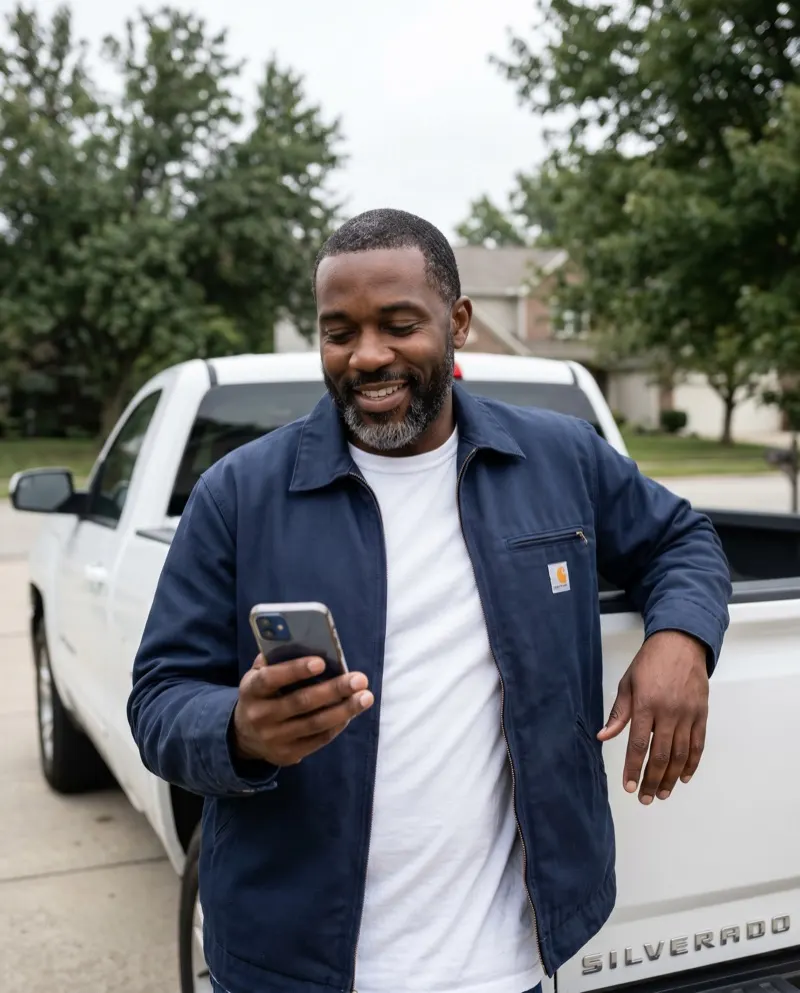 Contractor smiling, holding a phone, leaning on a pickup truck